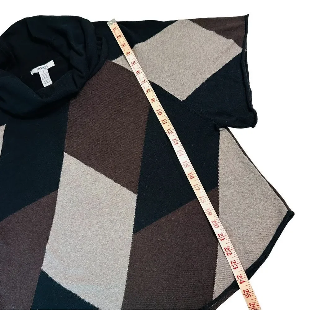 Style & Co Petite Geometric Black and Brown Cowl neck Poncho Sweater Small